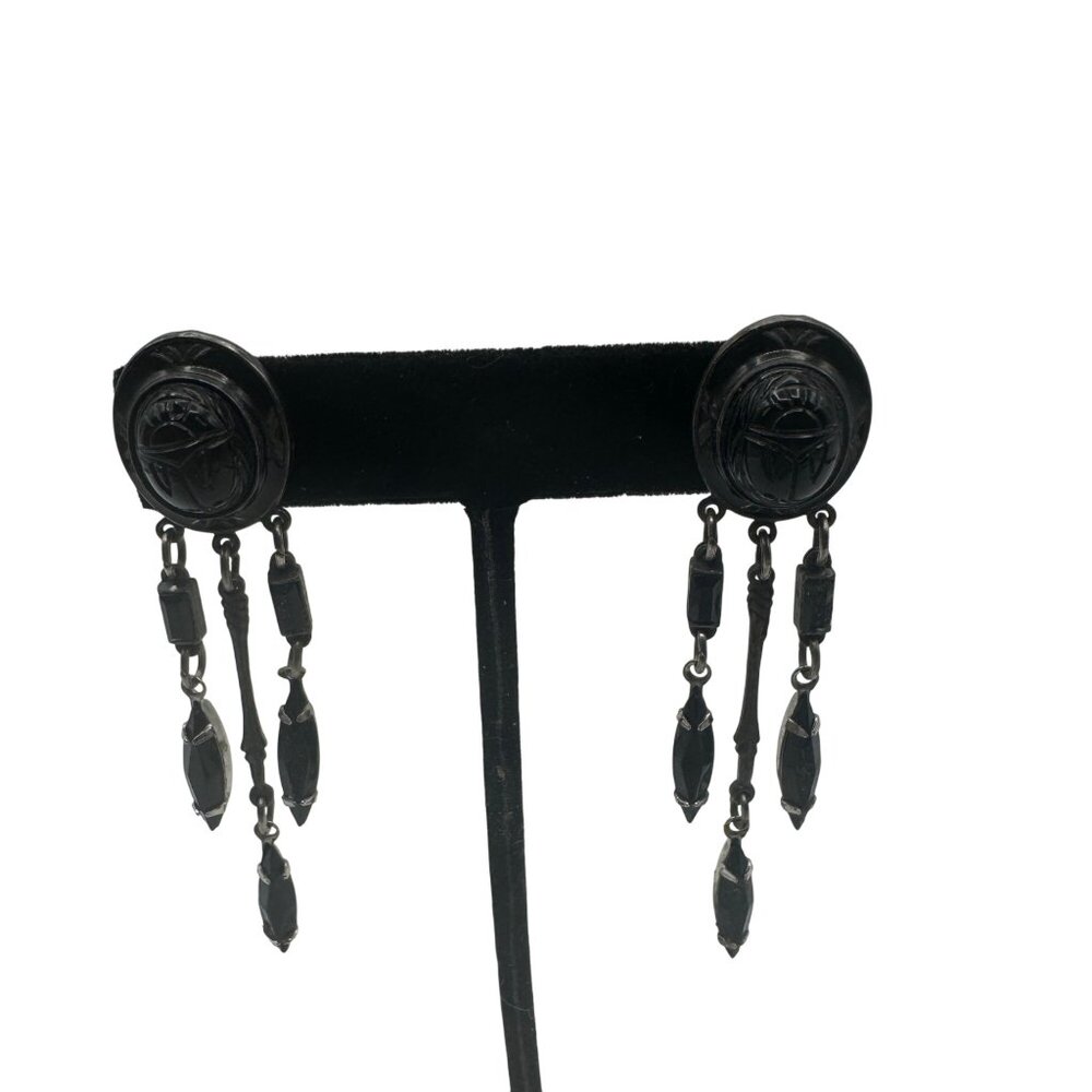 Vintage Black Dangle Drop Earrings Intricate Carved Design